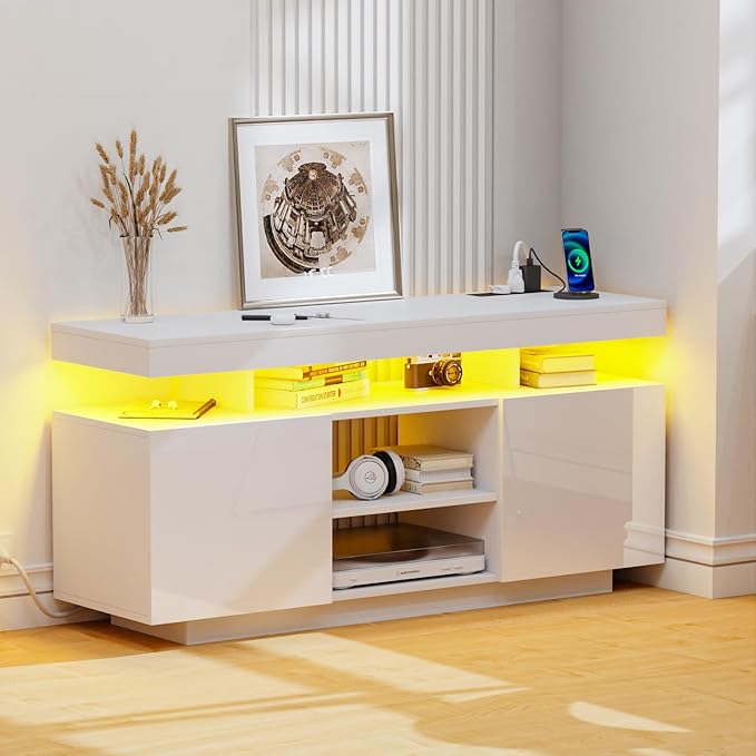 HOMMPA Modern LED TV Stand for 55/50/43/40/32 inch TV with Power Outlets, Gam...