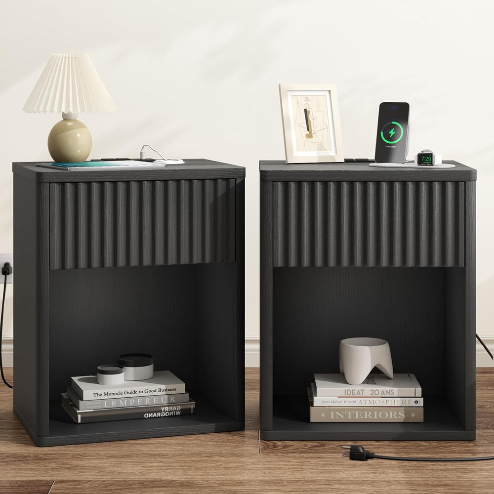 Fluted Black Nightstands Set of 2 w/Charging Station, Wooden End Table Bed Si...