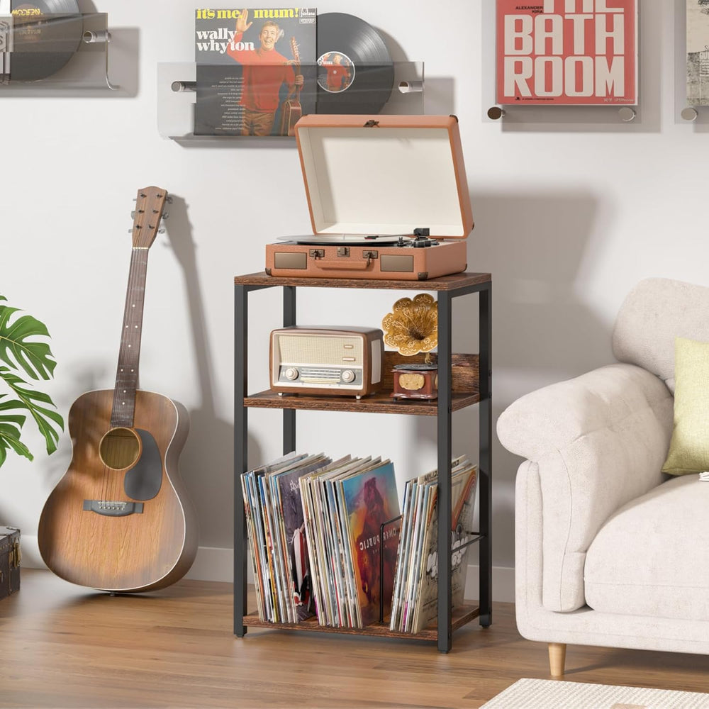 LELELINKY Record Player Stand Set of 2, 3-Tier End Side Table with Vinyl Reco...