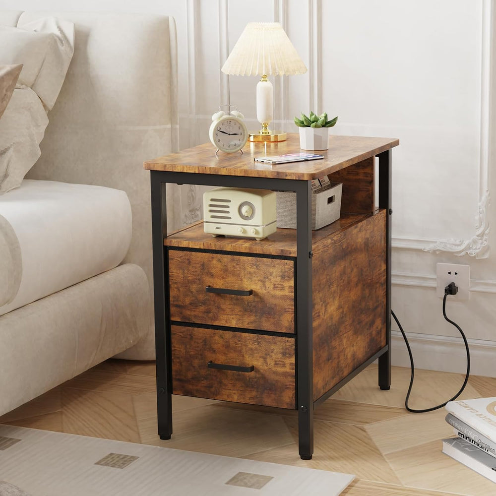End Table with Charging Station, Narrow Side Table with 2 Fabric Drawers &...