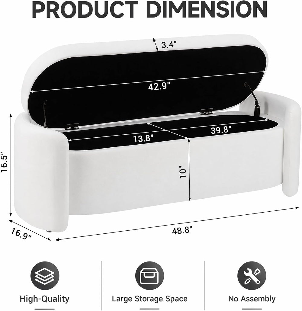 Oval White Velvet Storage Ottoman Bench, 48.8" | Velvet Upholstered Otto...