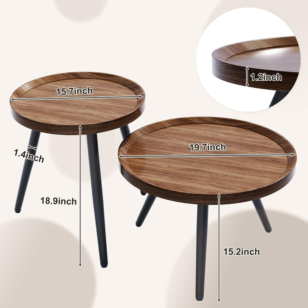 2PCS Small Round Coffee Table Set, Walnut Mid Century Modern Nesting Tables |...