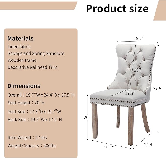 Modern Dining Chairs Set of 2, Tufted Upholstered Dining Chairs with Solid Wo...