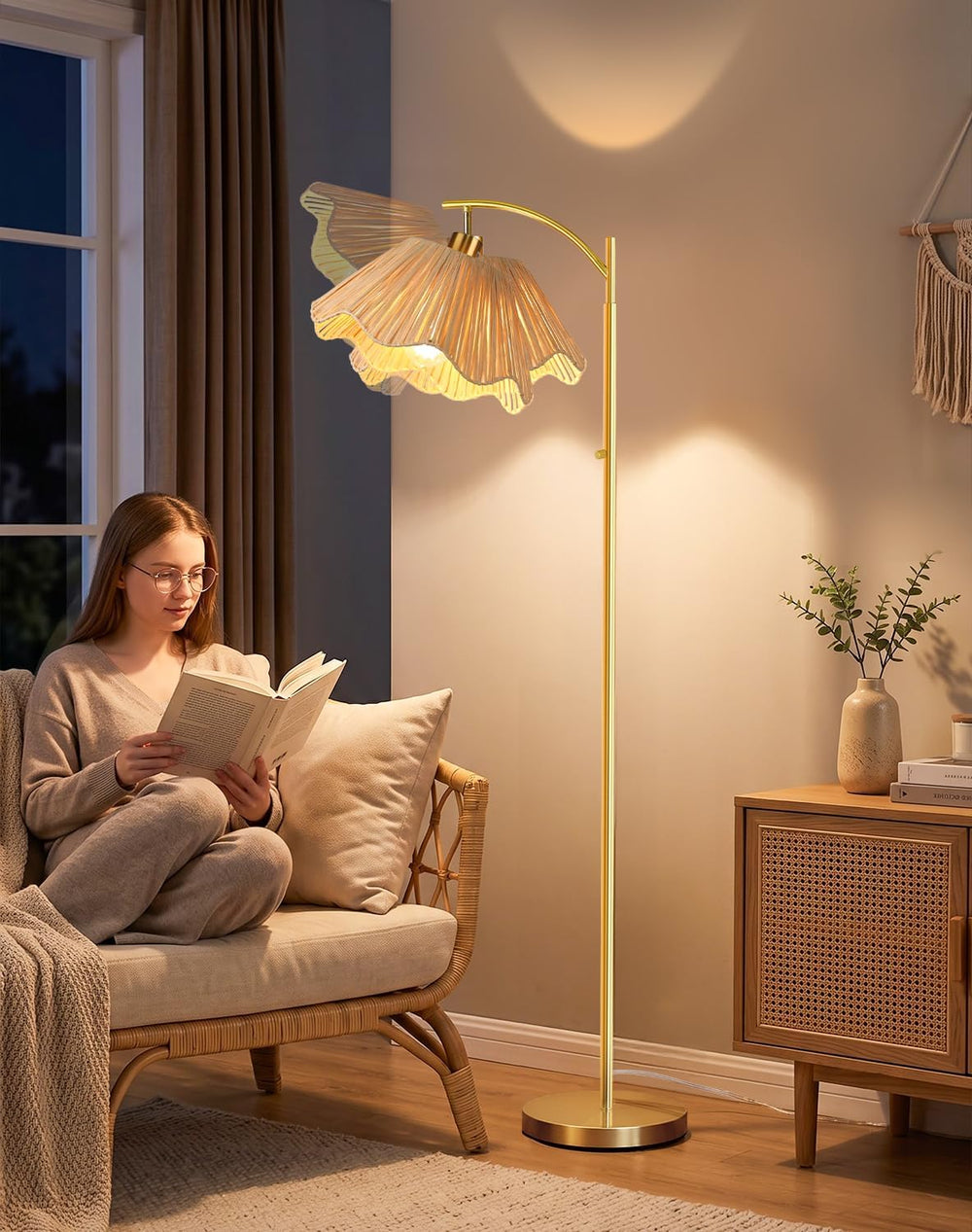 Arc Floor Lamp for Living Room, Rattan Boho Floor Lamp with Hand-Woven Raffia...