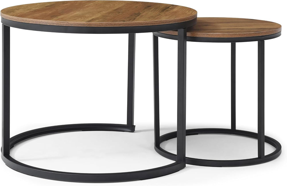 Nesting Coffee Table, Round Coffee Tables with Walnut Top and Black Metal Fra...