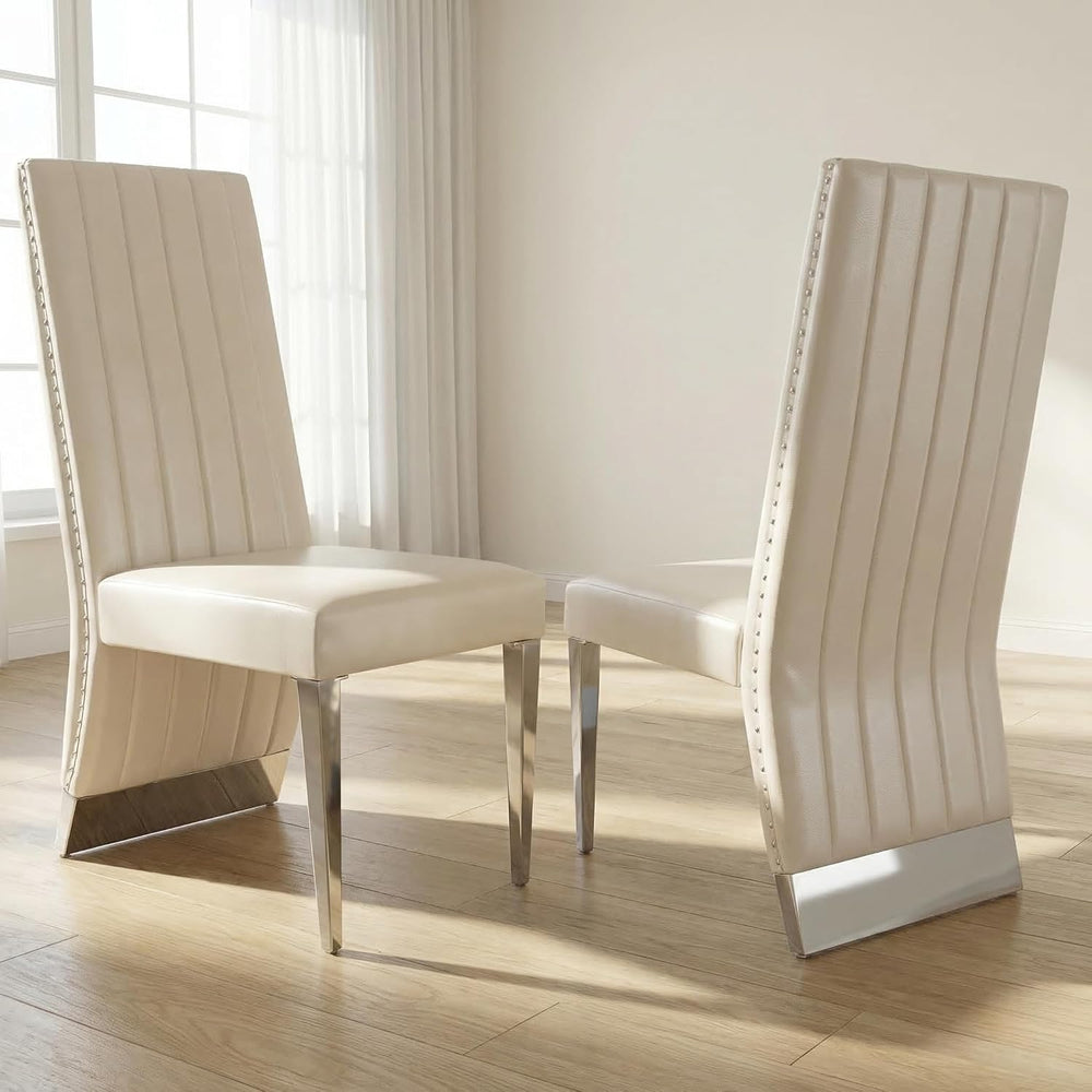 AUZ Modern White Leather Dining Chairs with Silver Mirrored Legs, Set of 2 | ...