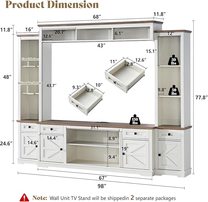 AMERLIFE 98" Farmhouse Wall Unit Entertainment Center with Bookshelves, ...