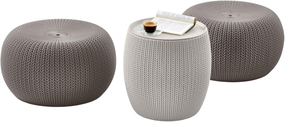 KETER Urban Knit Pouf Ottoman Set of 2 with Storage Table for Patio and Room ...