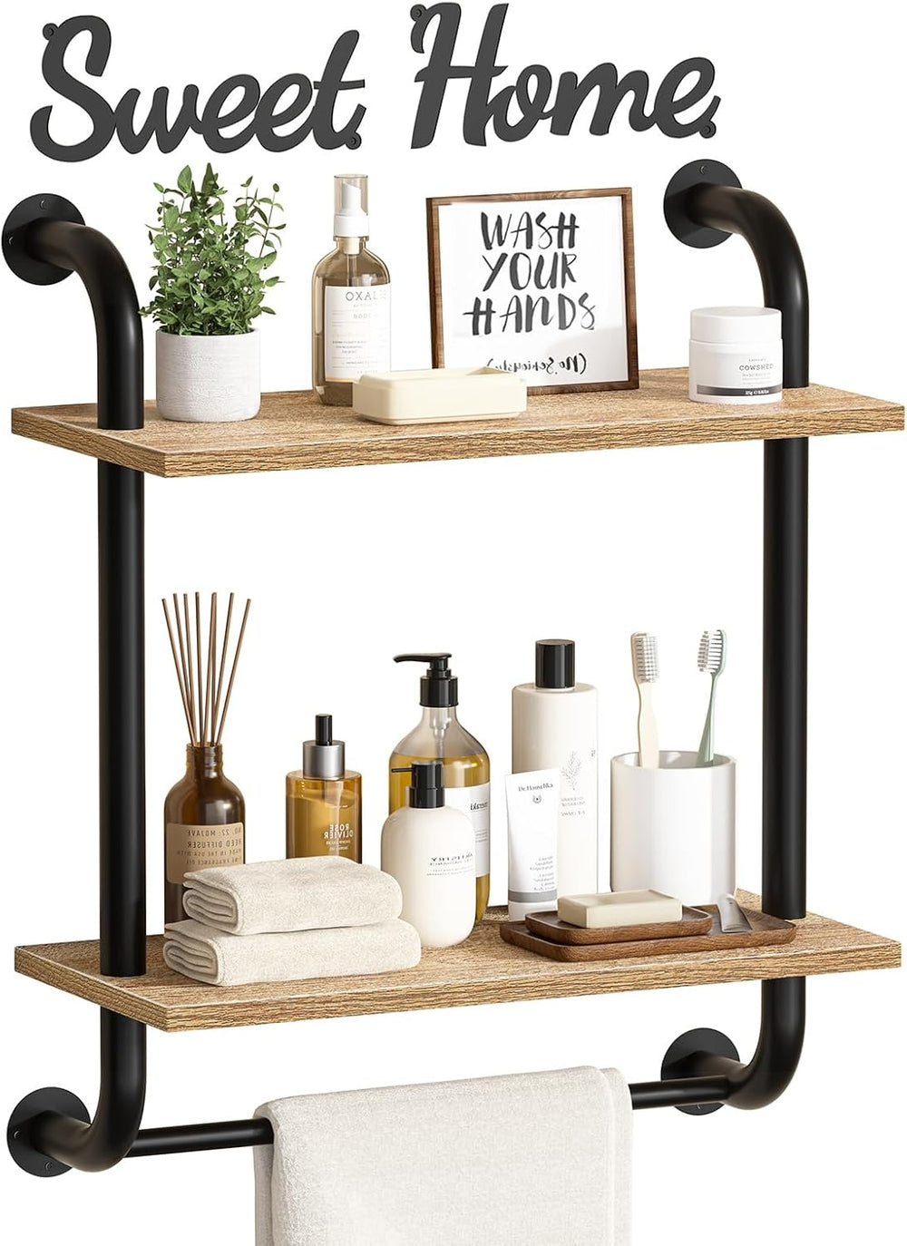 Tinpin Bathroom Shelves Wall Mounted, Rustic Farmhouse Pipe Shelves, 2-Tier, ...