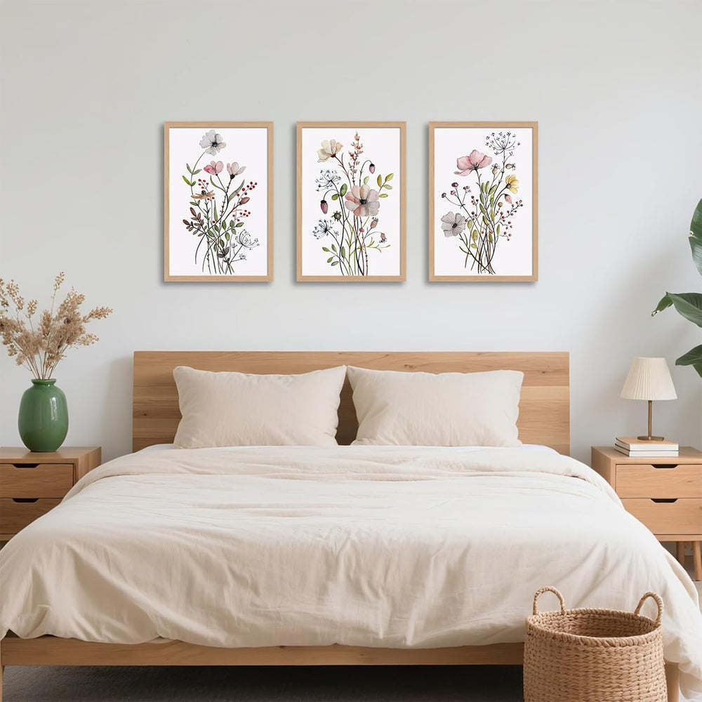 3Pcs Framed Botanical Wall Art Set of Watercolor Floral Canvas Prints Wildflo...