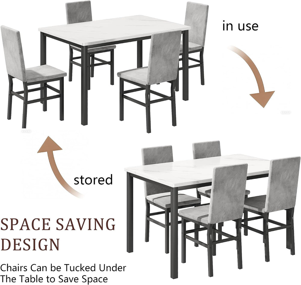 Dining Table Set for 4, 5-Piece Faux Marble Dining Set,4 Upholstered PU Chair...