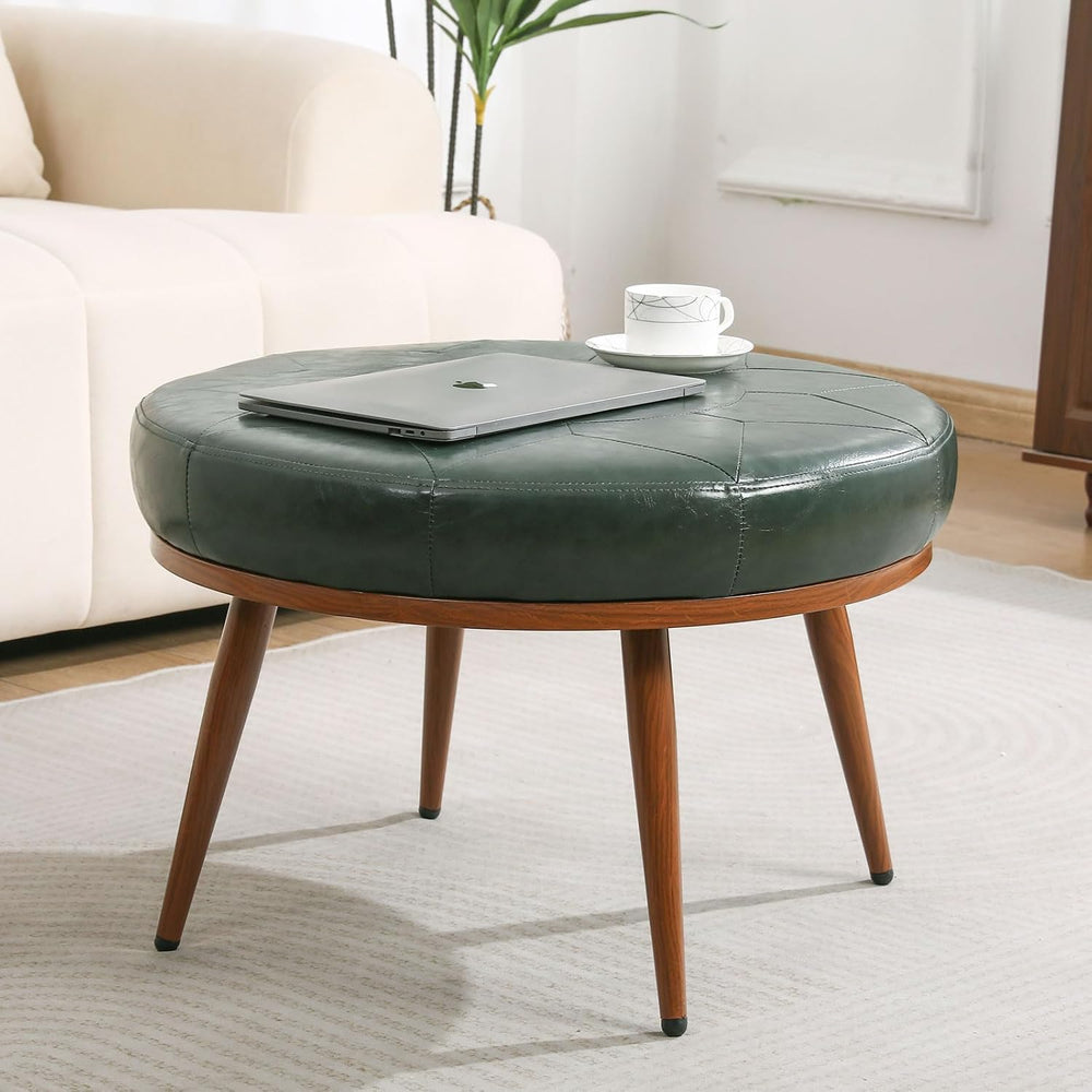 Green Round Ottoman Coffee Table, 24-Inch Faux Leather Cushioned Footstool wi...