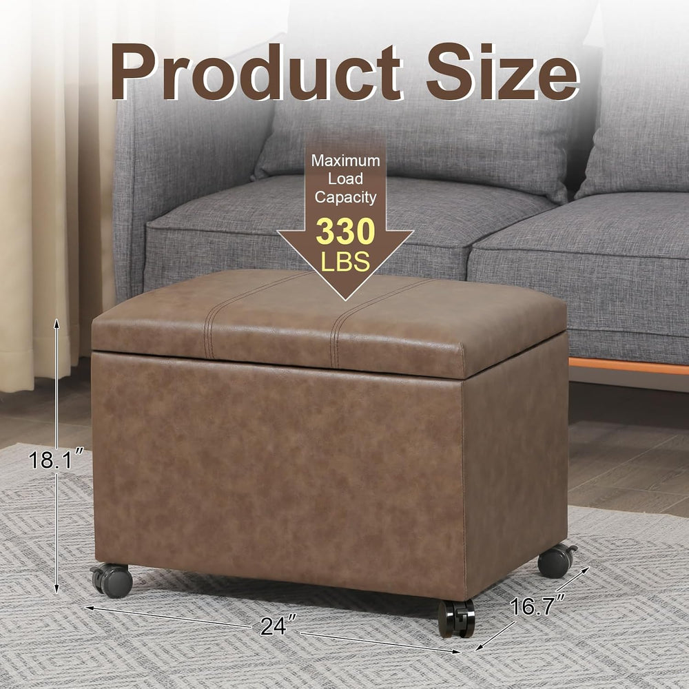 Asense 24-inch Rolling Storage Ottoman Bench, Upholstered Faux Leather Footre...