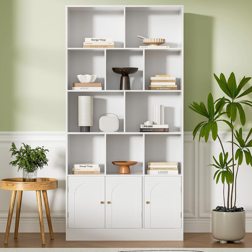 Housoul 71" Tall Bookshelf, Bookcase with 10 Cubes and 3 Doors, White
