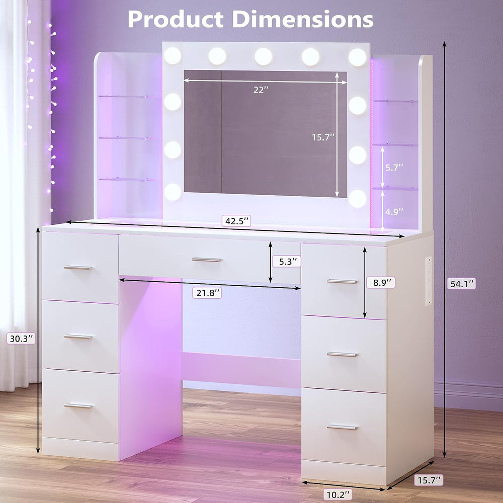 HUAHUU Vanity Desk with Mirror and Hollywood Lights, Makeup Vanity 6 Backlit ...
