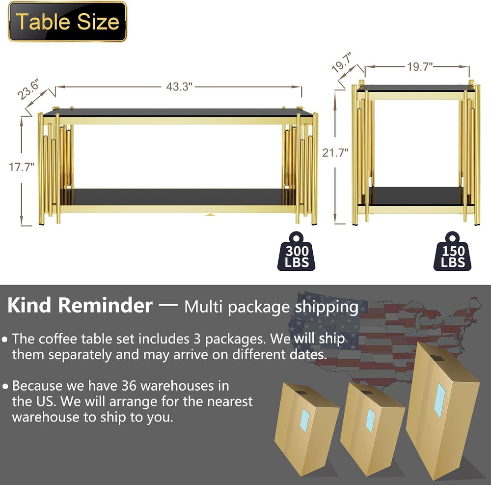 Glass Coffee Table Set of 3, End Table Modern Living Room Table Rectangle Cle...