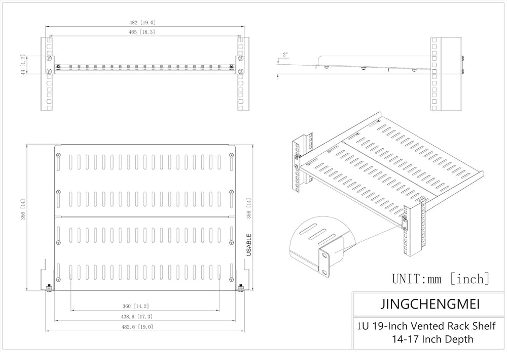 1U Vented Server Rack Shelf Depth Adjustable 14-17", 2 PCS