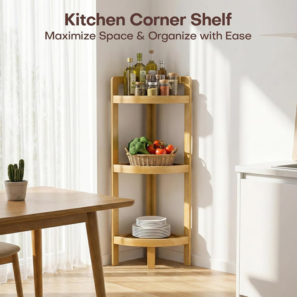 2026 New Bamboo Standing Shelf, 3 Tier Corner Shelf Stand, Free-Standing Shel...