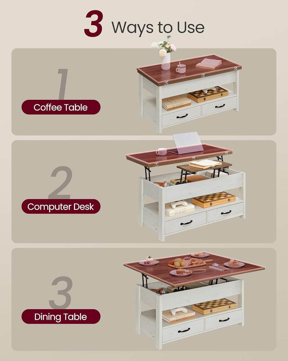 VASAGLE Coffee Table Lift Top, 3 in 1 Center Table with Storage, Gas Spring, ...