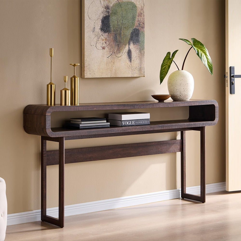 IFGET 63-Inch Long Console Table, Modern Curved Entryway Table, Dark Walnut |...