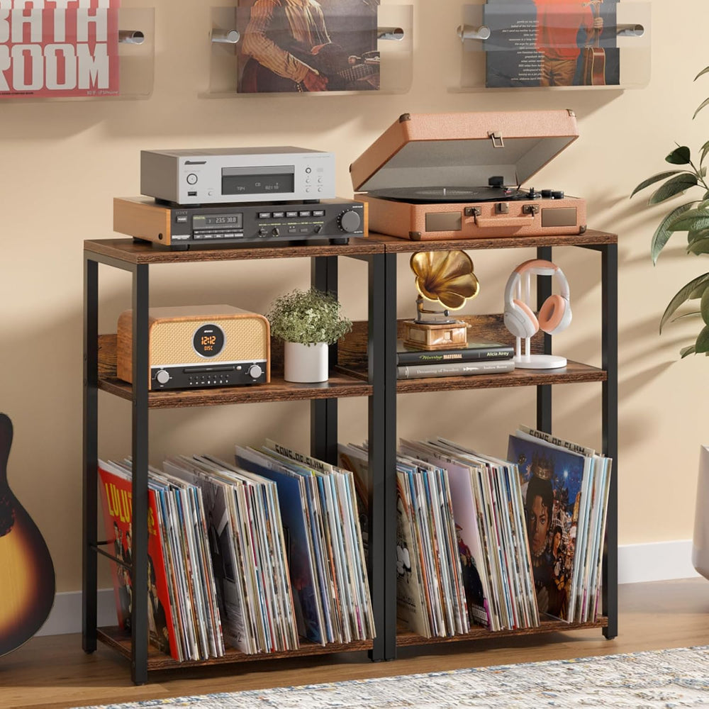 LELELINKY Record Player Stand Set of 2, 3-Tier End Side Table with Vinyl Reco...