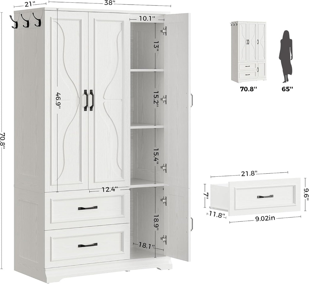 LIKIMIO Armoire Wardrobe Closet with 4 Doors and Drawers, White | Wardrobe Ca...