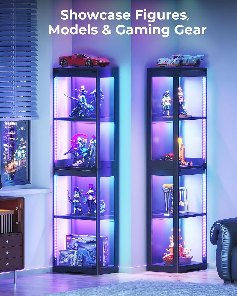 AODK Display Cabinet with Glass Doors, Glass Display Case with RGB LED Light,...