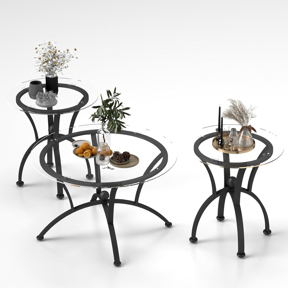 3 Tempered Glass Coffee Table Set, Decor Coffee Table Round End Side Table wi...