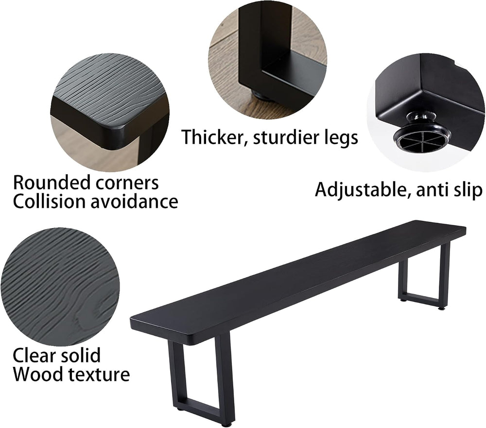 70in Black Solid Wood Dining Bench - Sturdy Metal Legs & Rounded Safety C...