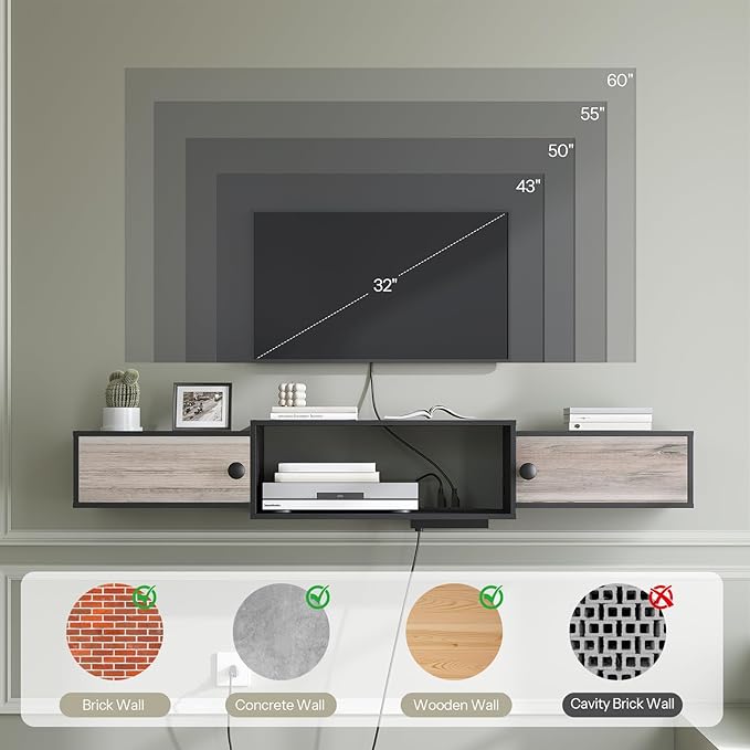 HOOBRO 55" Floating TV Stand with Power Outlets, Modern Wall Mounted Med...