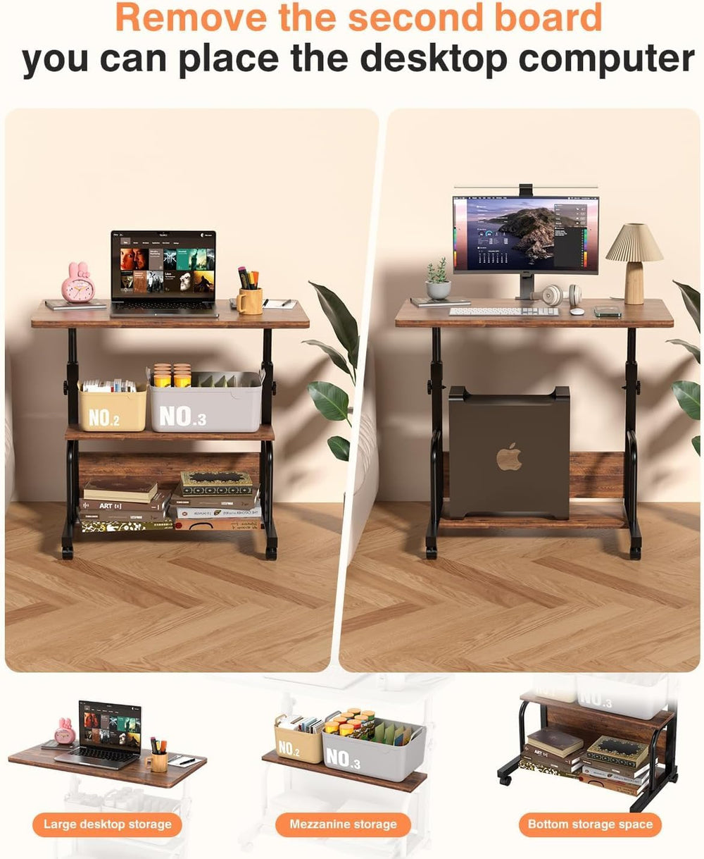 QZMDSM Portable Rolling Desk on Wheels Adjustable Height Desks for Small Spac...