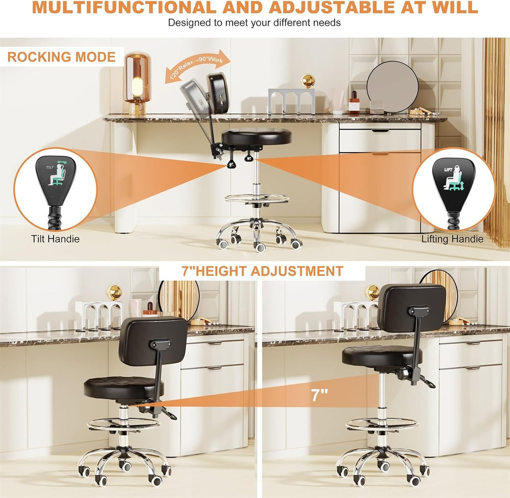 YJHome Rolling Stool with Back Support, Swivel Chair Adjustable Height