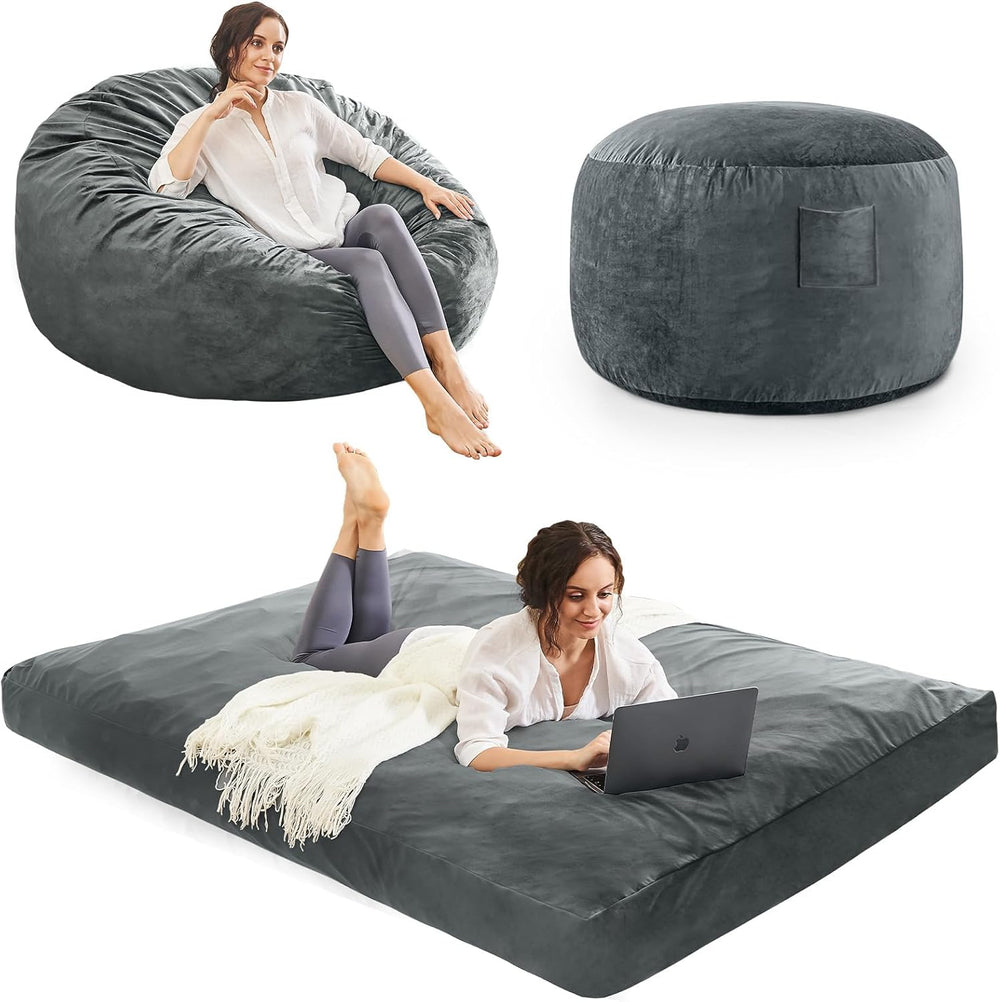 Bean Bag Chairs for Adults - Giant Bean Bag Convertible Floor Sofa | 3 IN 1 L...