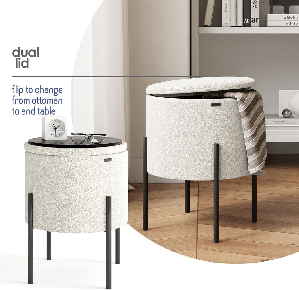 Round Ottoman with Storage, Boucle Storage Ottoman, Foot Stool Ottoman, Makeu...