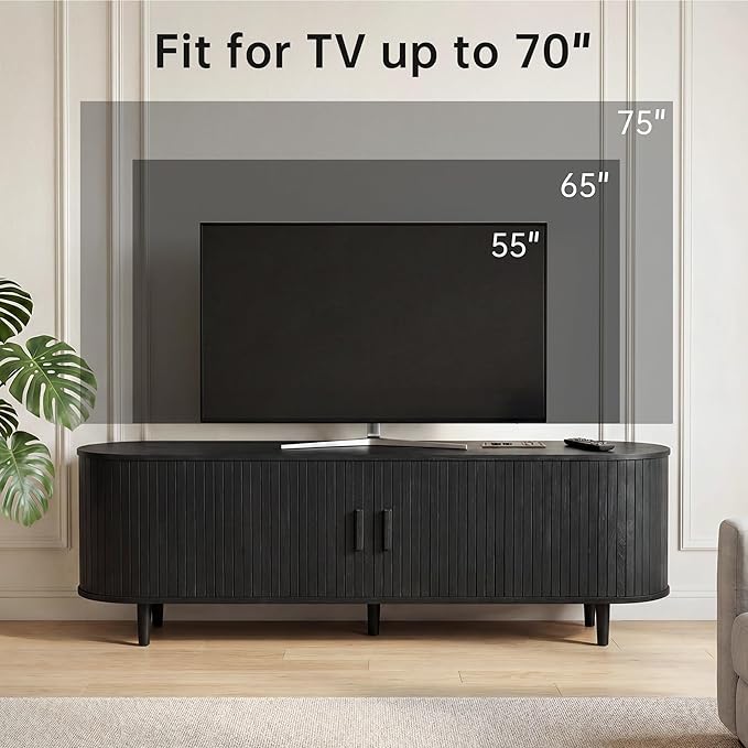 65" Mid Century Modern TV Stand, Wood TV Consoles with Sliding Doors and...