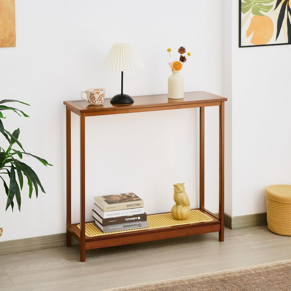 Bamboo Narrow Console Table, 31.5"(L) Wood Small Entryway Table with Rat...