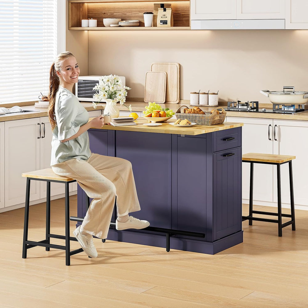 ONBRILL 47" Kitchen Island with Trash Can Storage, Include 2 Chairs, Blu...