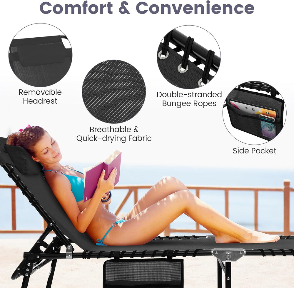 Tangkula Beach Lounge Chair for Outside, Folding Chaise Lounge Outdoor with 4...