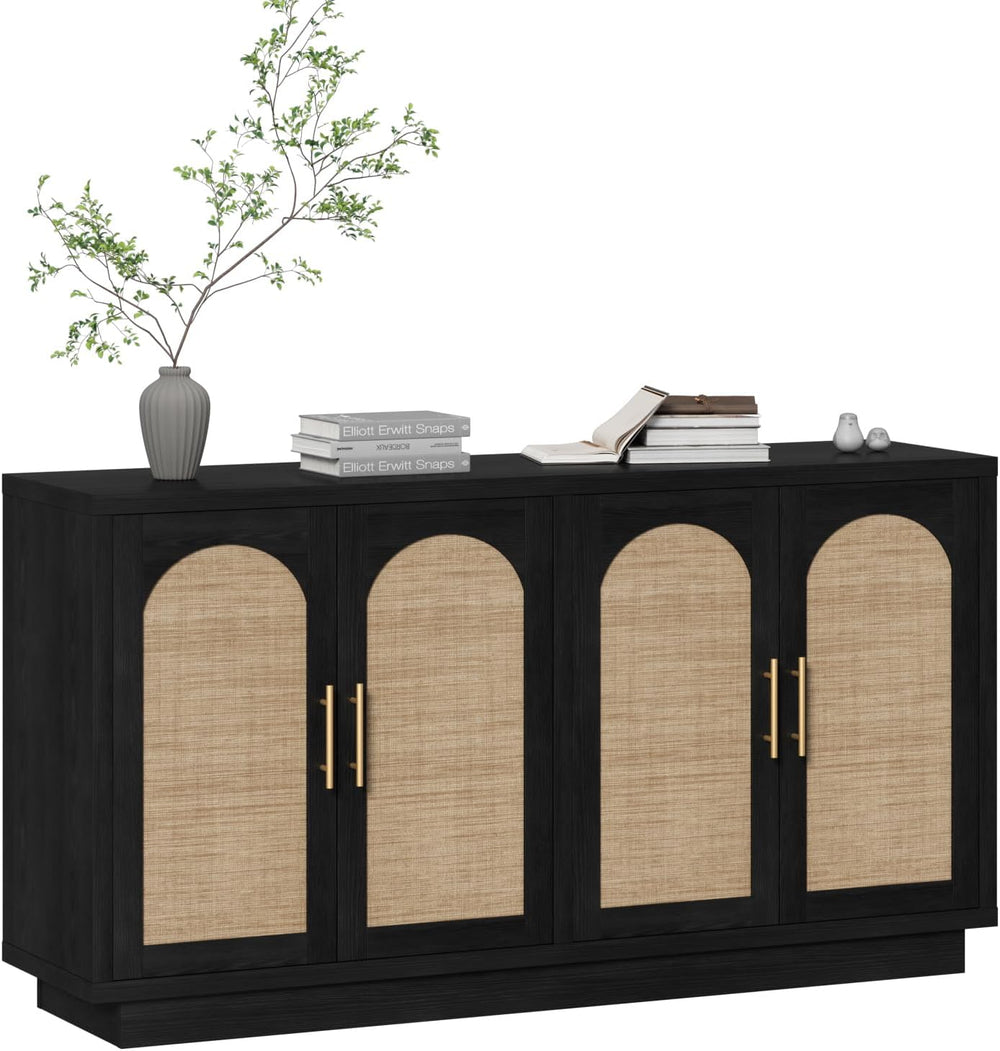 59" Rattan Sideboard Buffet Cabinet with Storage, 4 Arched Doors