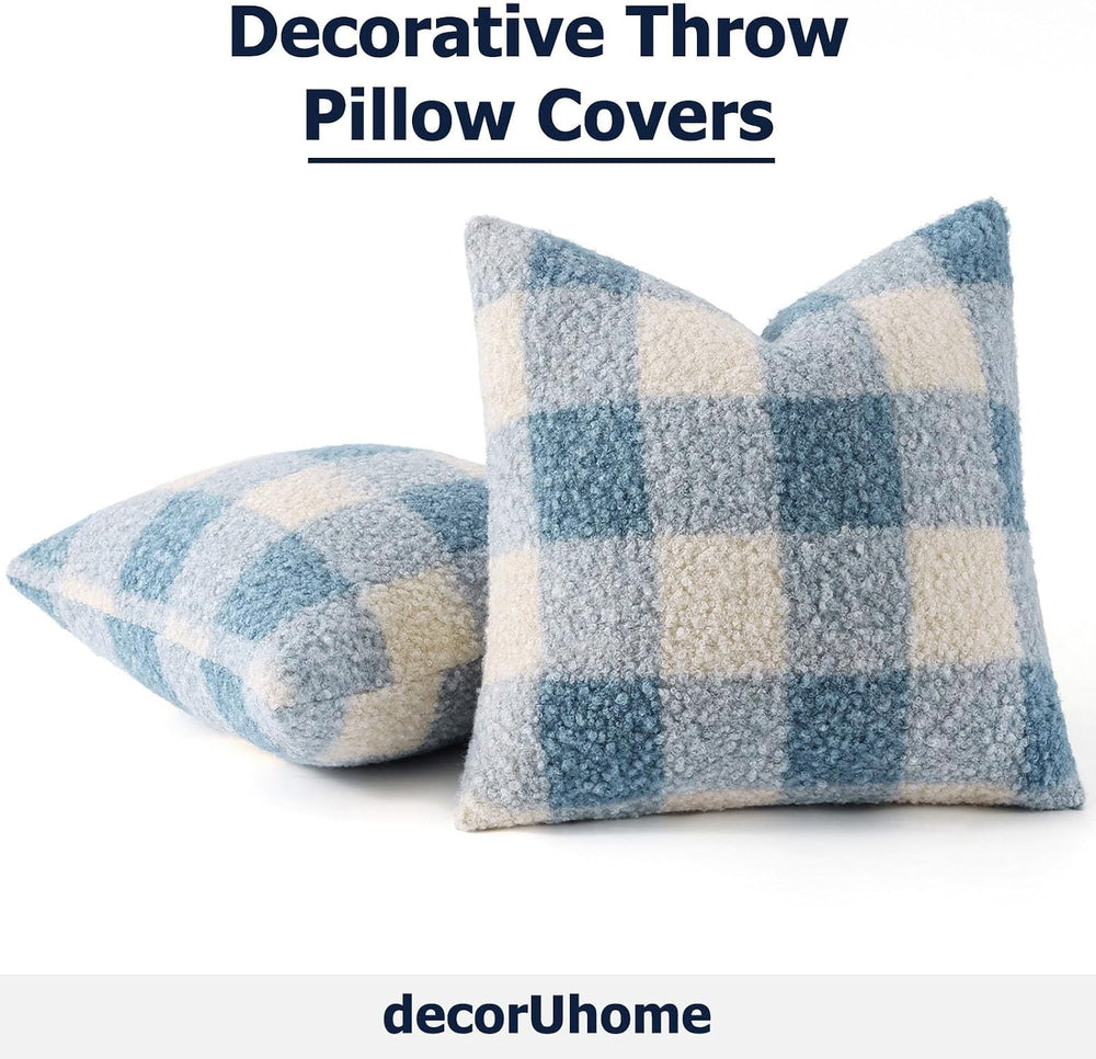 decorUhome Faux Fur Plaid Throw Pillow Covers 24X24 Set of 2 Dusty Blue