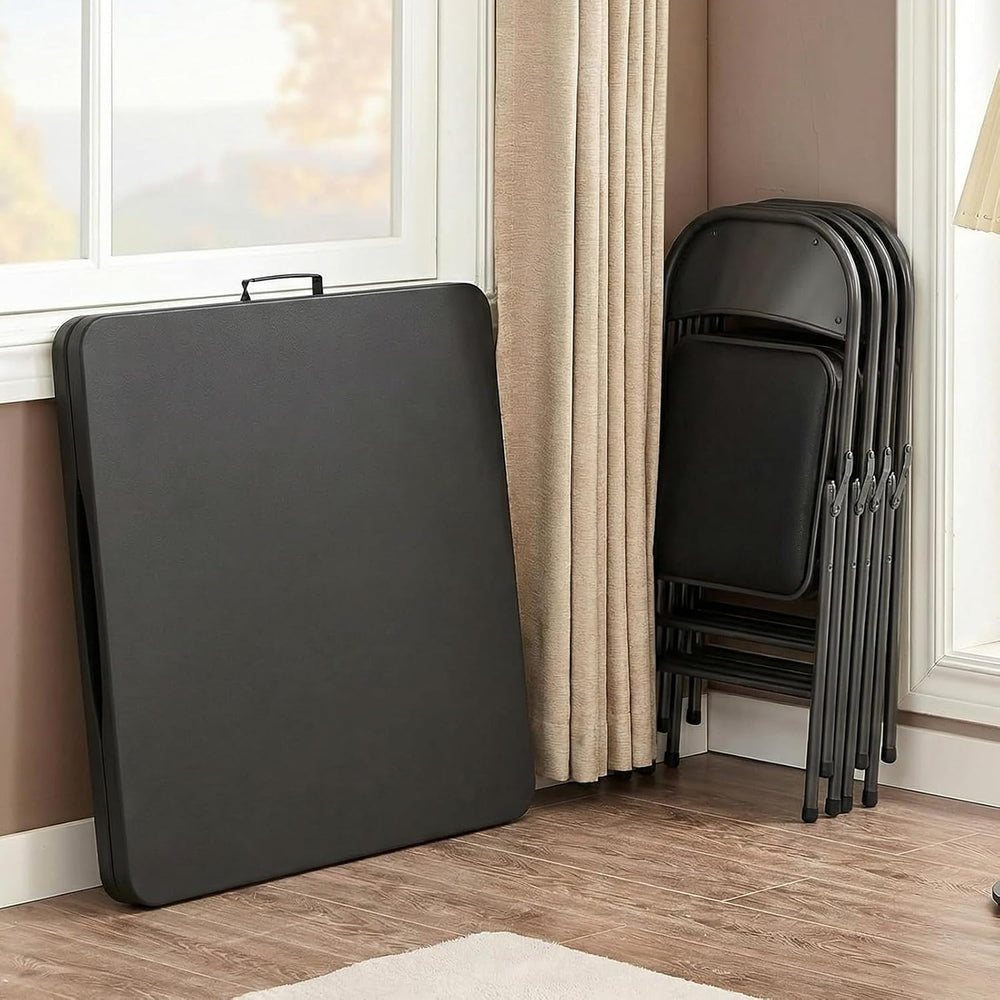 6FT Black Plastic Folding Table Set with 6 Black PU Padded Chairs | Portable ...