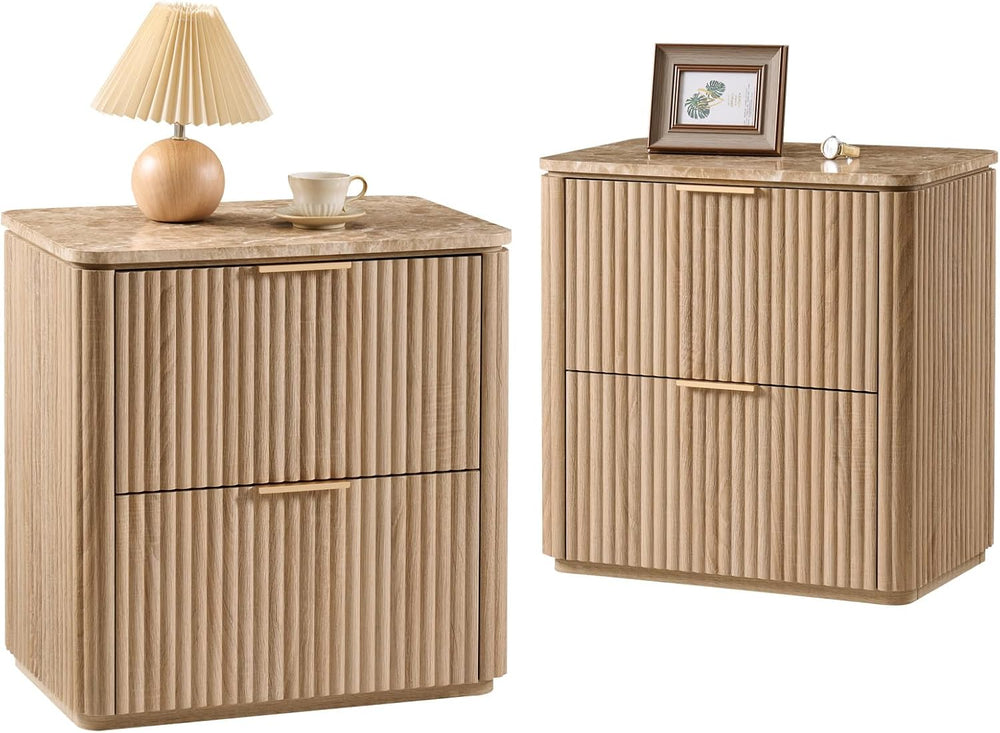 Fluted Nightstands Set 2 with Faux Marble Top, Modern Bedside Table | FSC-Cer...