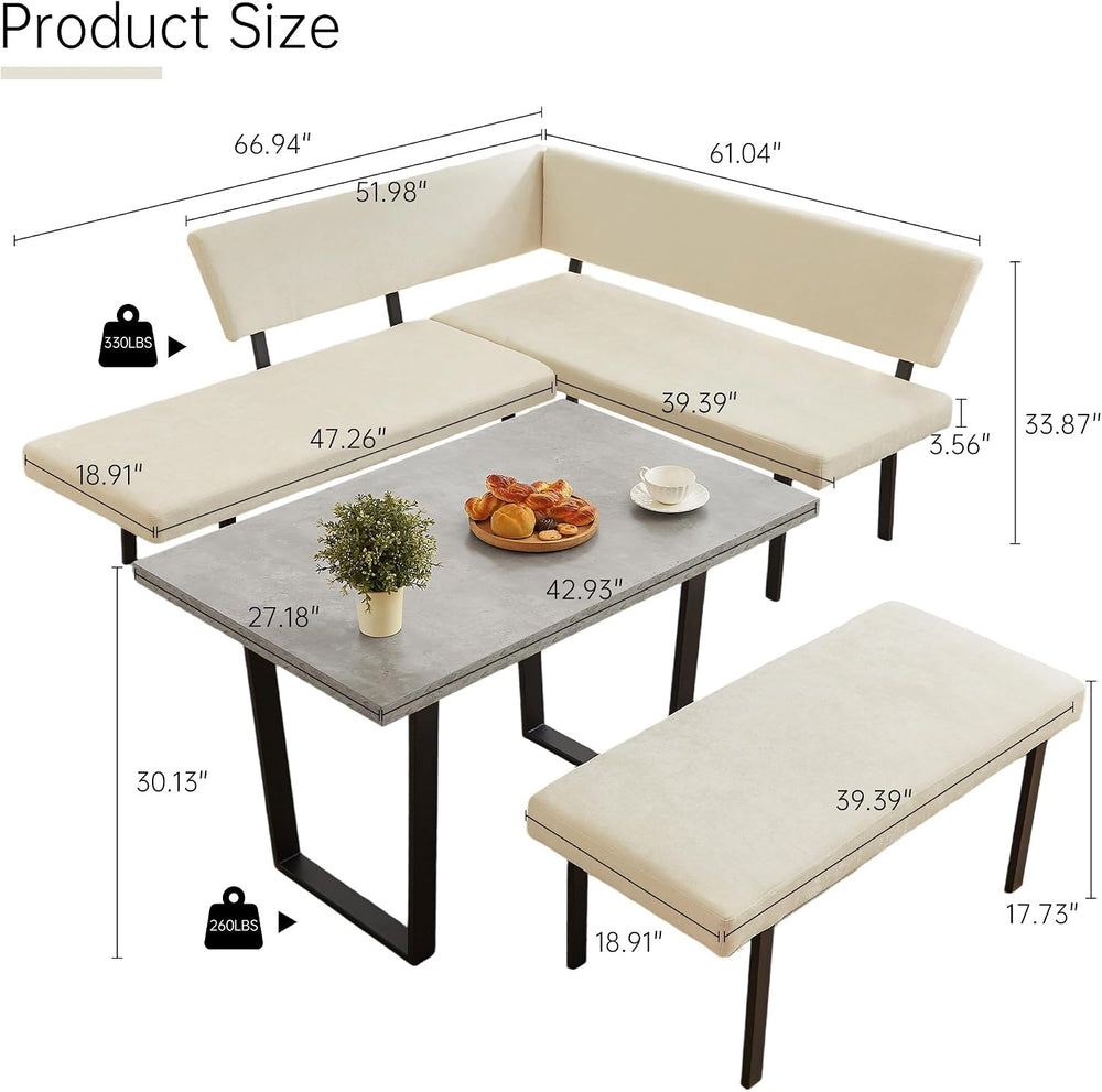 HIPIHOM 3-Piece Dining Table Set with Bench, Grey Table with Beige Bench | Th...
