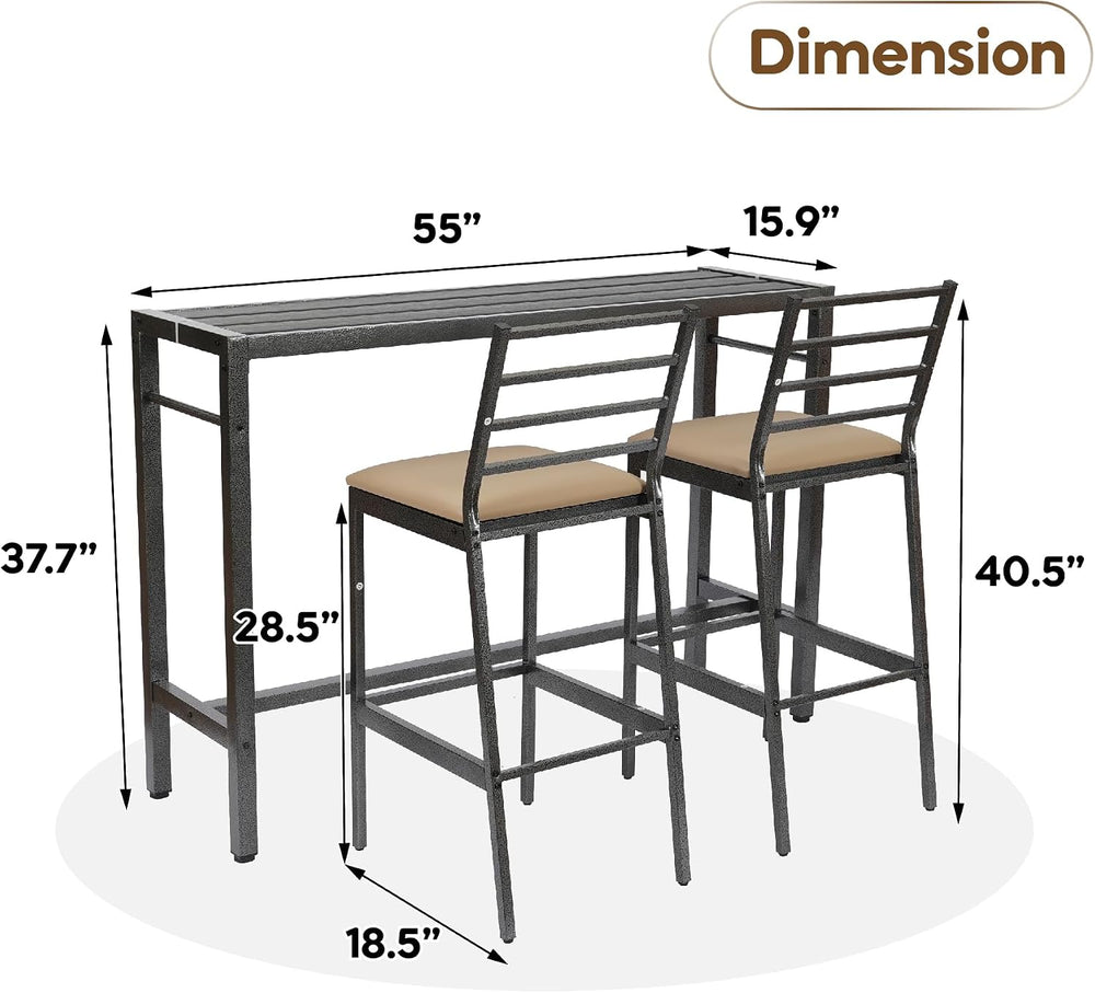 3Pcs Outdoor Patio Bar Set with Cover, 55" Rectangular Pub Height High T...