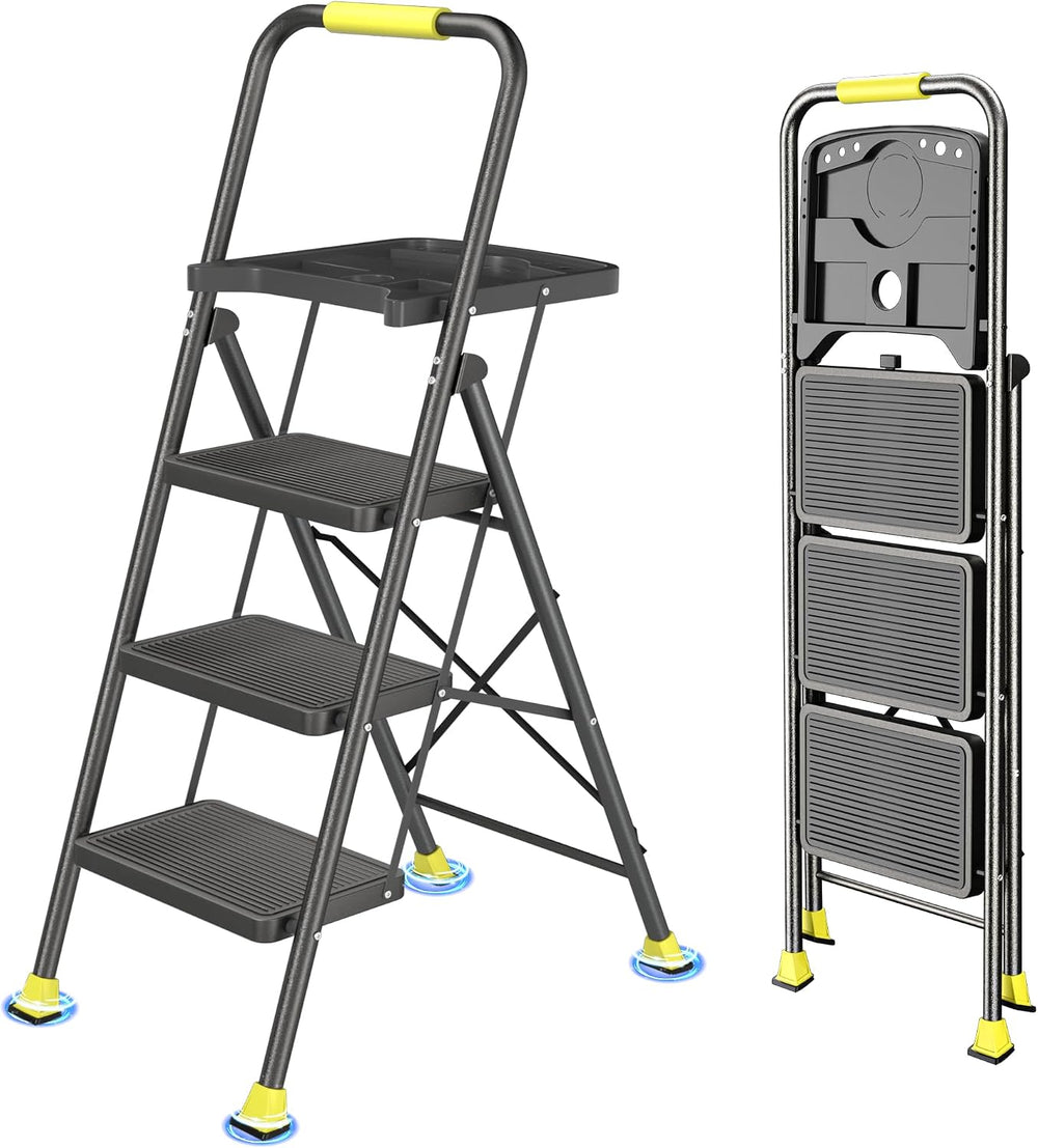 3 Step Folding Ladder, 600lbs Capacity Steel Stool with Tool Platform, Wide A...