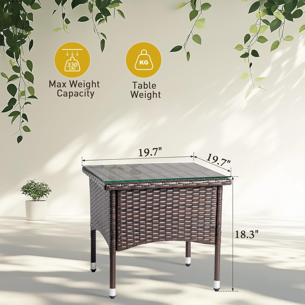 VINGLI Outdoor Wicker Side Table Patio Side Tables for Outside, Tempered Glas...