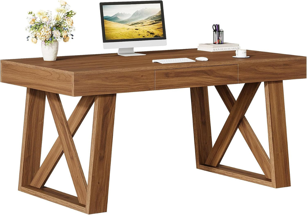 Tribesigns 55-inch Computer Desk with Drawer, Retro Walnut Big Home Office De...