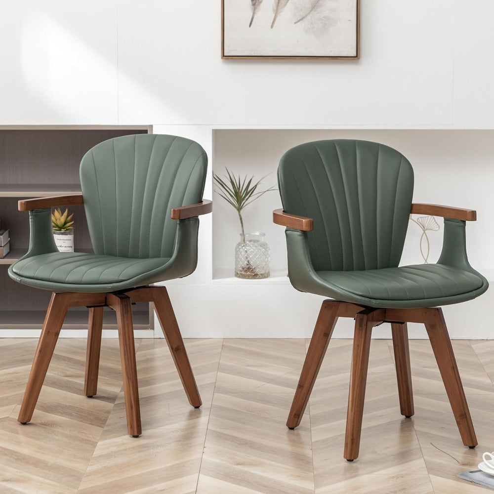 LUNLING Swivel Dining Chairs, Mid Century Modern Green Faux Leather Kitchen C...