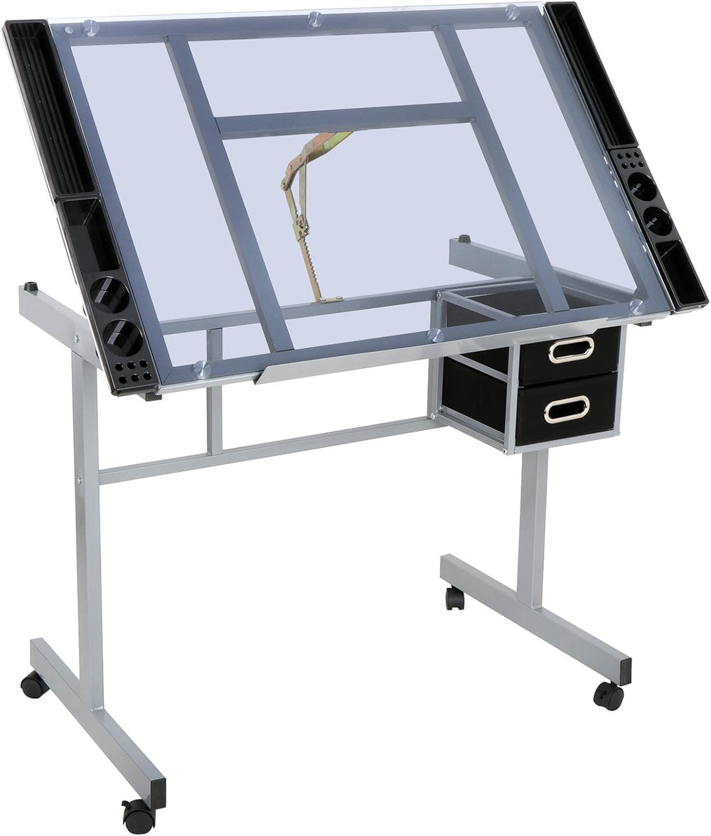 ZenStyle Glass Top Drafting Table with Storage, Adjustable Multifunctional Dr...
