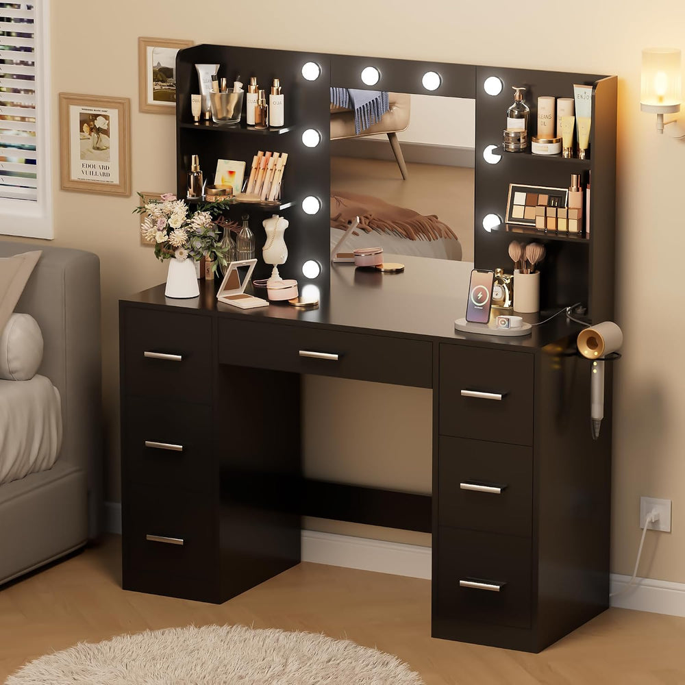 Makeup Vanity Desk with Mirror and 10 Lights, Table with 7 Drawers and 4 Open...